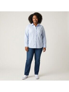 George Shirt Women XL Blue Striped Button Up Collared Long Sleeve Cotton Casual